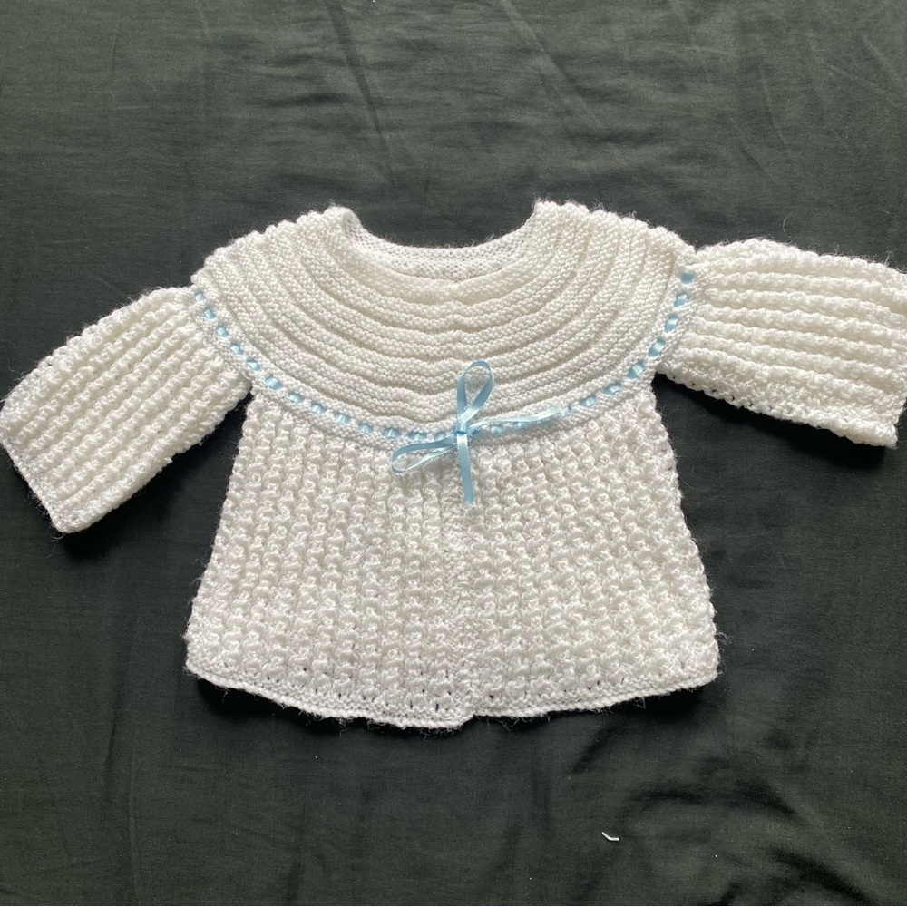 Hand-Knit Baby White Top with Light Blue Ribbon